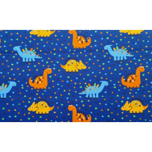 10cm Stretchjersey Dinos gelb/orange auf Kobaldblau (Grundpreis € 19,00/m)